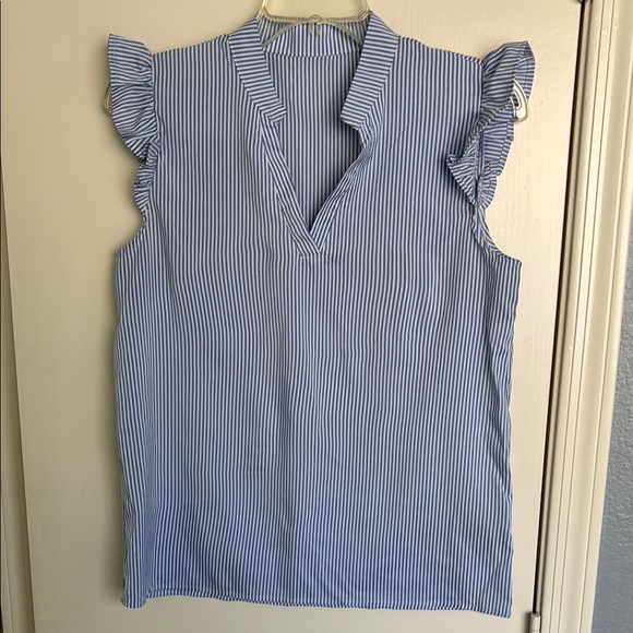 Blue Striped Ruffle Sleeve Women's Top - Picture 2 of 8